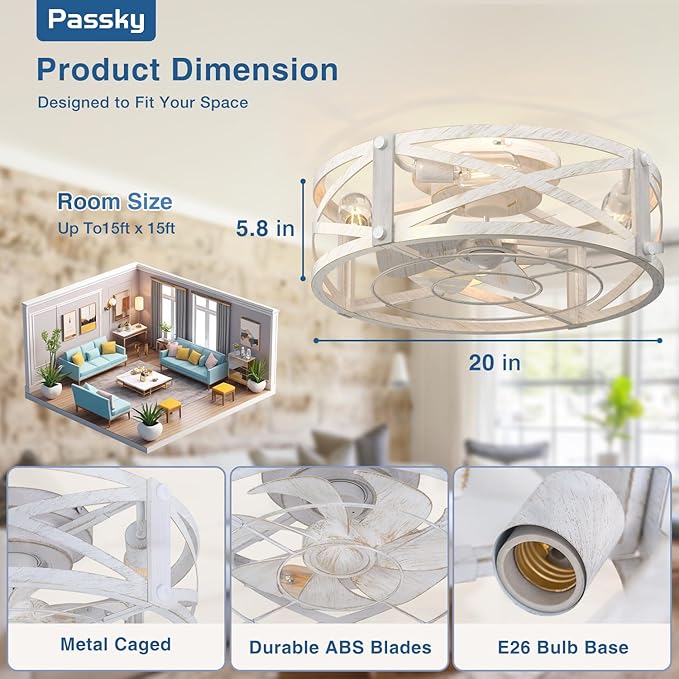 Passky 20" Caged Ceiling Fans with Lights and Remote, Low Profile Fandelier | Reversible DC Motor, 1/2/4H Timer, 6 Speeds, Farmhouse Style, Quiet Operation, for Bedroom, Kitchen, Dining Room, Living Room