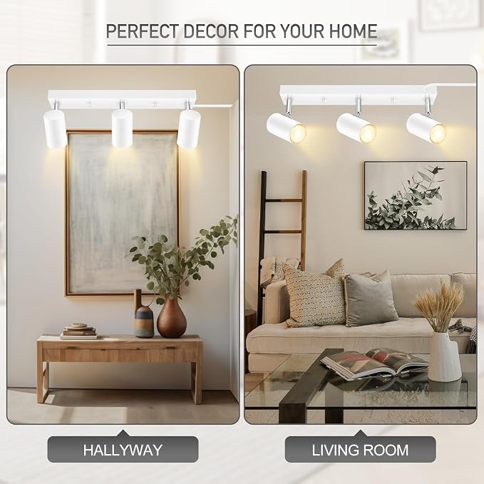 Plug in Track Lighting, 3 Light Ceiling Lighting Kit, White 3 Way Modern Wall Spotlight, 15 FT Cord,Flexibly Rotatable Complete Light Kits for Kitchen Cabinet Gallery Bar Living Room（No Bulb）