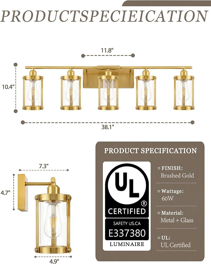 5-Light Brushed Gold Bathroom Light Fixtures Over Mirror with Clear Glass and Metal Cage Shade, 38" UL-Listed Modern Farmhouse Wall Sconce for Bath, Hardwire E26, OS-3014BG-5W
