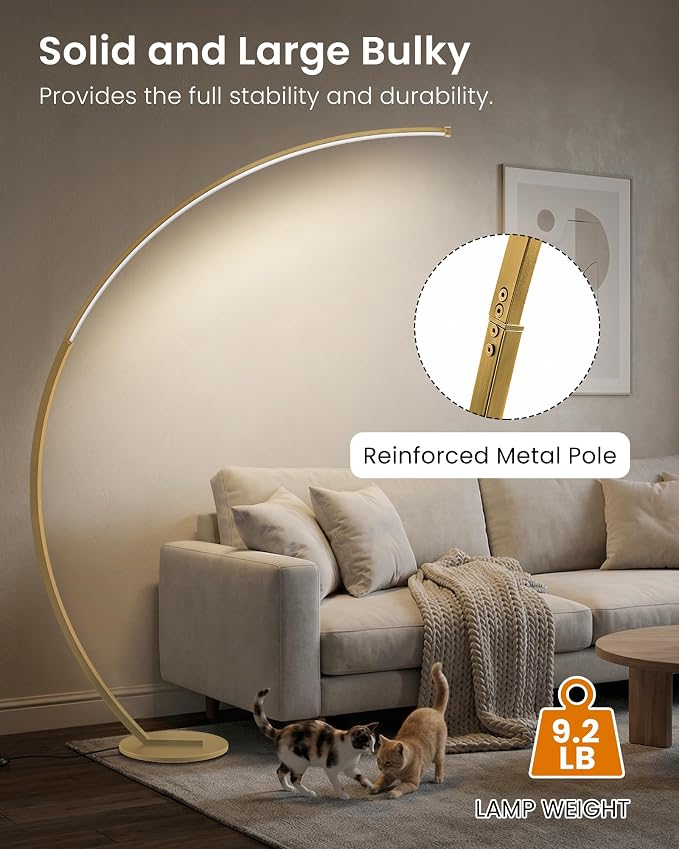 75 inch Dimmable LED Arc Floor Lamp for Living Room with Foot and Remote Control, 3 Color Temperatures, 3000K-6000K Whites, Stepless Dimming,Gold D62LD05