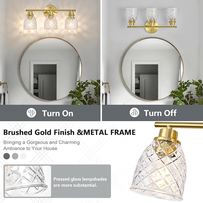 3-Light Bathroom Light Fixtures, Brushed Gold Vanity Lights Over Mirror | Modern Farmhouse Wall Sconces with Hammered Glass Lampshade for Kitchen Hallway Bedroom Living Room Cabinet Porch-18.1IN