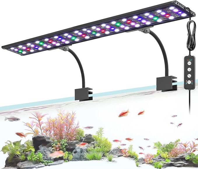 AQQA Clip On Aquarium Light, 24/7 & DIY Mode Full Spectrum Fish Tank Light | Adjustable Timer & Brightness, Memory Function, IP68 Waterproof LED Aquarium Plant Light, Fits 32–40 Inch Tanks