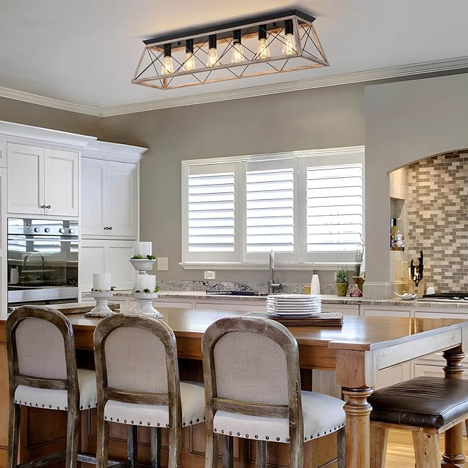 38" Large Rectangular Flush Mount Ceiling Light with Oak White Finish | 6-Light Vintage Industrial Farmhouse Cage Chandelier for Dining Room Living Room Hallway, Dimmable Kitchen Ceiling Lighting