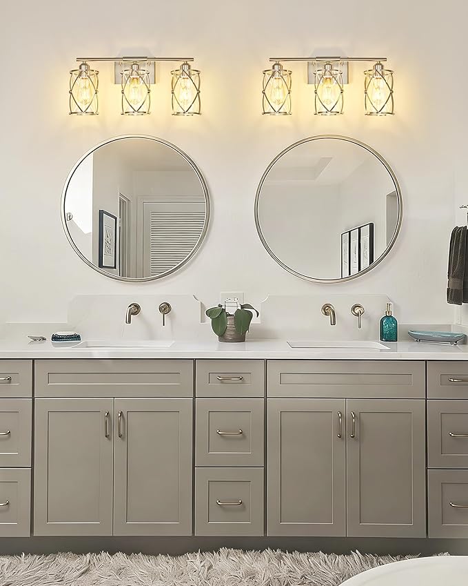 3-Light Brushed Nickel Bathroom Light Fixtures, 21 Inch Modern Bathroom Vanity Lighting Fixtures Over Mirror with Clear Glass and Metal Cage Wall Sconce Lights for Bath, E26, CH9176BN-3W