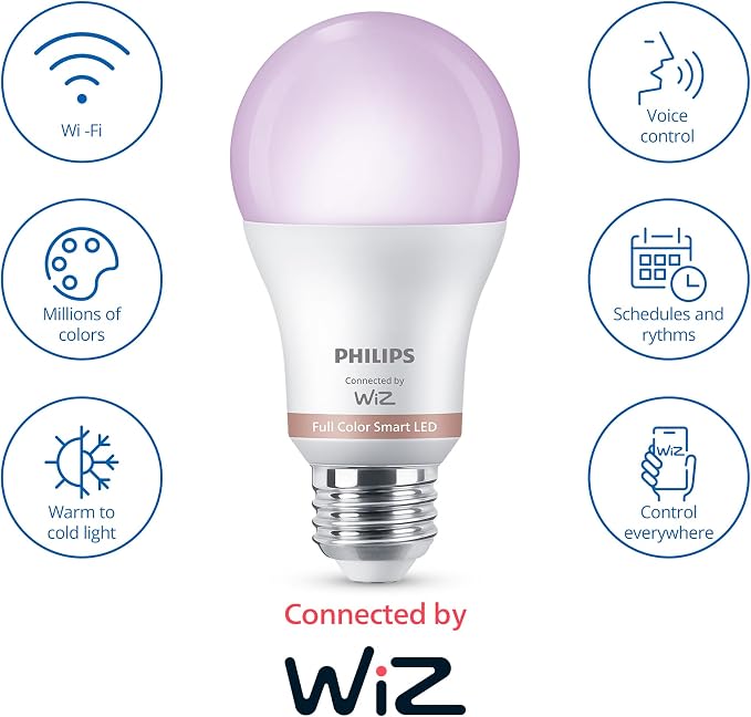 PHILIPS Smart 100W A19 LED Light Bulbs 4-Pack - Connects to Your Wi-Fi - E26 - Control with Voice or App + Activate with Motion - Matter Compatible