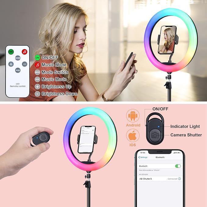 10" Selfie Ring Light with 73" Tripod Stand & 1 Phone Holder, LED Camera Ringlight with 48 RGB Colors Modes & Musical Rhythm Mode and 12 Brightness Dimmable for TikTok/Makeup/Photography/Vlog