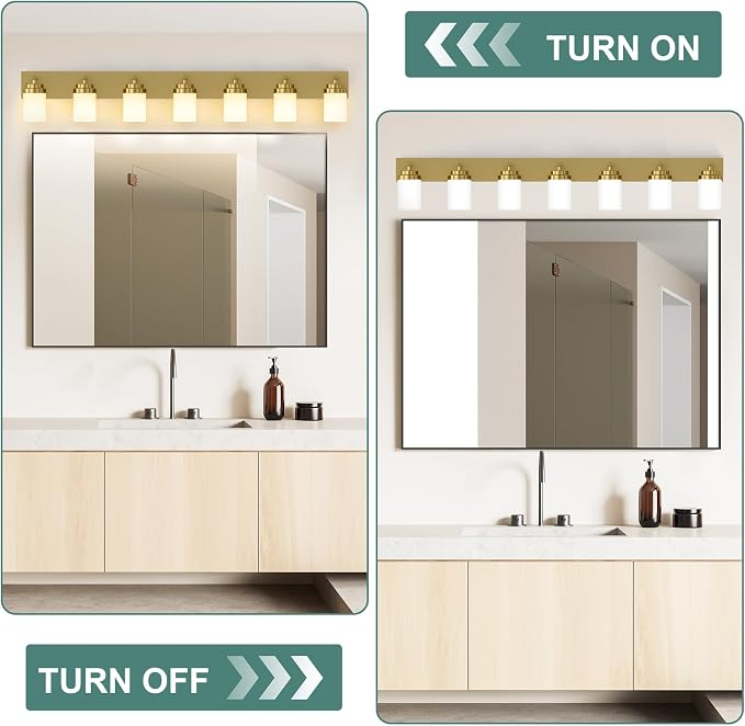 IZORRO Bathroom Vanity Light Fixture, 7-Light 52 inch Gold Bathroom Light Fixtures Over Mirror, with White Glass Shade, Modern Farmhouse Vanity Lights, Rustic Restroom Lighting Fixtures