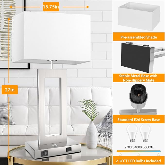 Table Lamps for Bedrooms Set of 2, 27.2’’ Tall Modern Silver Lamps for Living Room Nightstand, Touch Control Bedside Lamps with 2 USB Ports&AC Outlet, Stepless Dimming, 3 Color Temp. Bulbs Covered