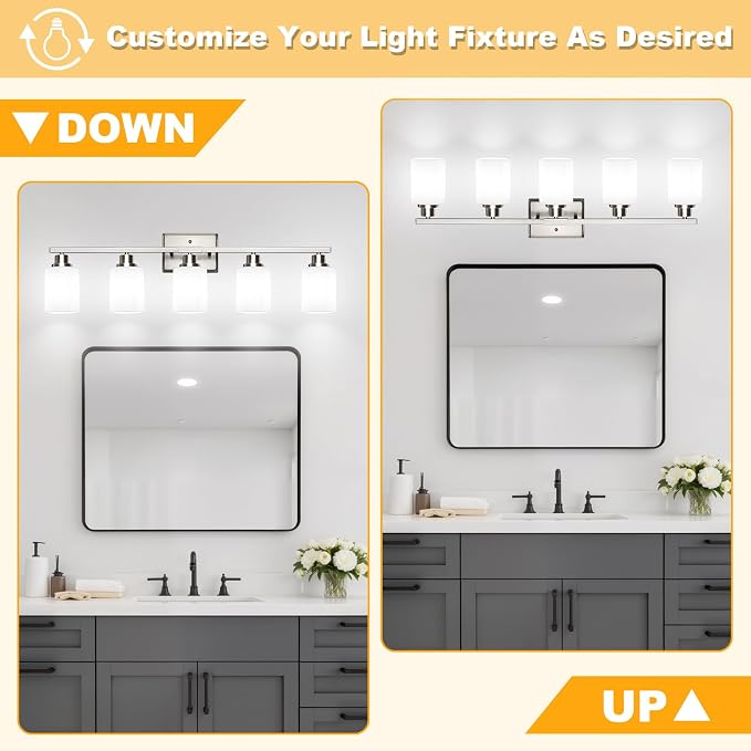 5-Light Bathroom Light Fixtures, Modern Brushed Nickel Vanity Light Over Mirror, Wall Sconces with Milky White Glass Shades for Living Room Bedroom Hallway E26 Base