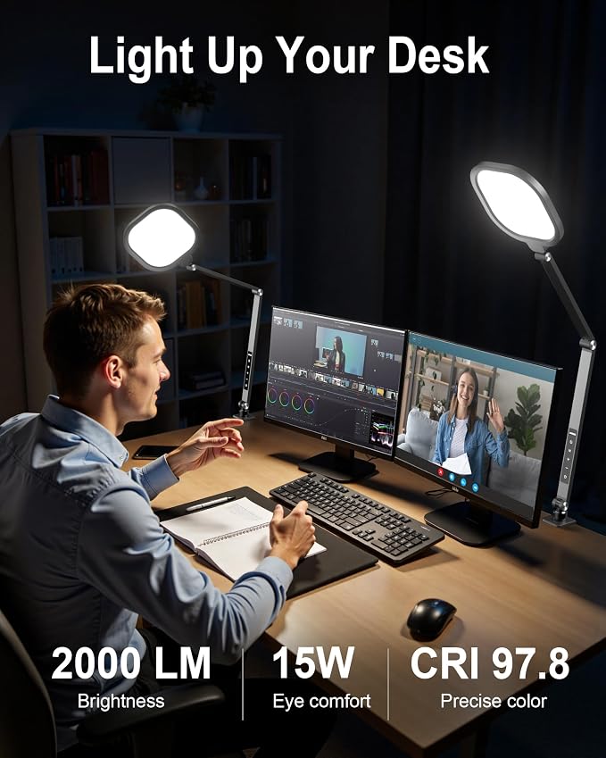 Desk Lamp for Home Office with Clamp | 2000LM Eye-Caring, Dimmable Zoom Lighting, 3 Colors & 10 Brightness, Remote Computer Ring Light, CRI>97.8
