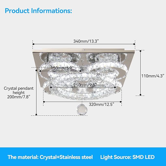 Modern Crystal Chandelier Five Rings LED Crystal Ceiling Light Flush Mount Stainless Steel Pendant Ceiling Lamp for Living Room Bedroom Restaurant Porch Dining Room (Dimmable)
