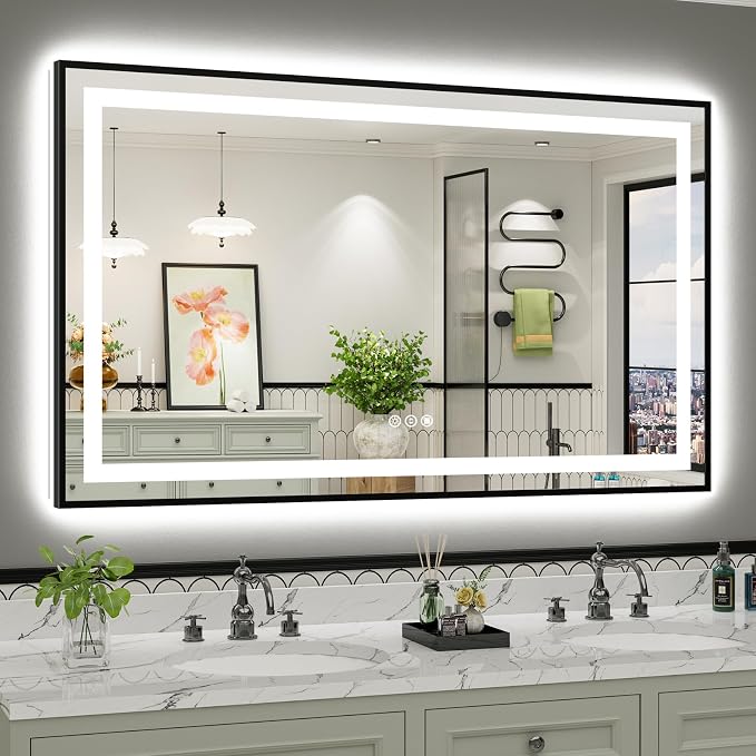 60x36 Inch LED Bathroom Mirror with Black Frame, Backlit & Front Lit | Anti-fog, 3 Color Dimmable, Memory Function, HD Reflection Tempered Glass, ETL Listed, IP54 Waterproof