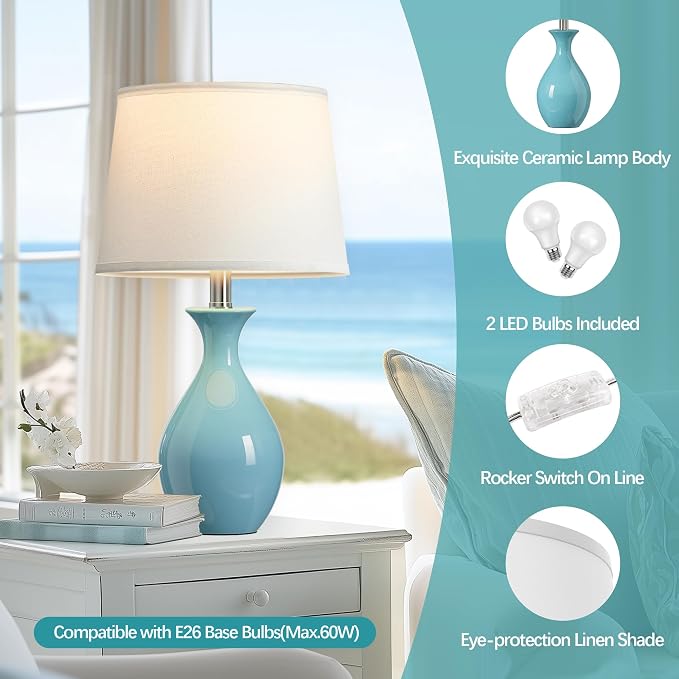 Table Lamp Set of 2, Modern Ceramic Bedside Lamps for Night Stands, Classic Small Lamp Nightstand Lamp for Bedroom Living Room Desk End Table Rocker Swtich Sky Blue