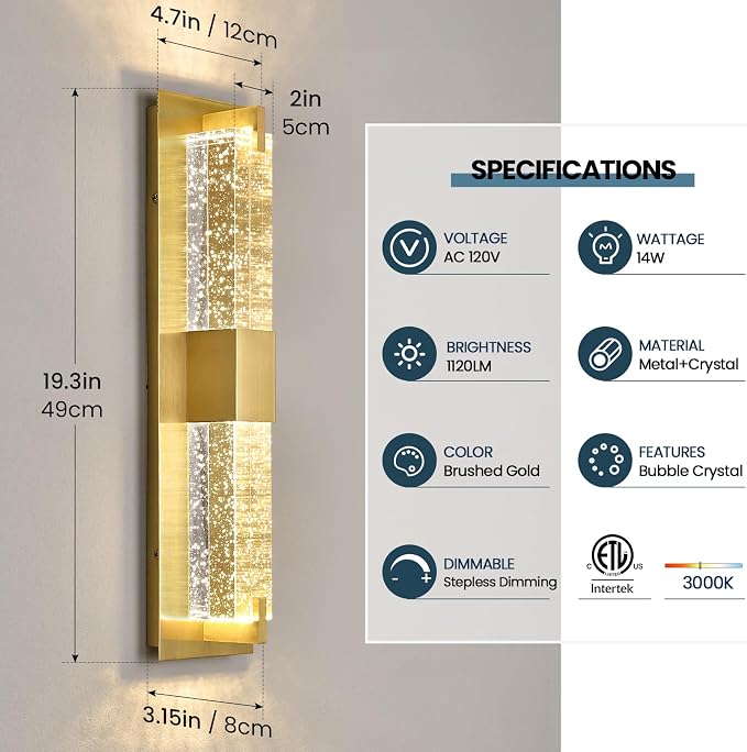 WOSHITU LED Wall Sconce Light: 19 Inch Gold Modern Sconces Wall Lighting 3000K Dimmable Crystal Wall Lamps Indoor Bathroom Sconce Wall Mount Light Fixtures for Living Room/Bedroom/Hallway