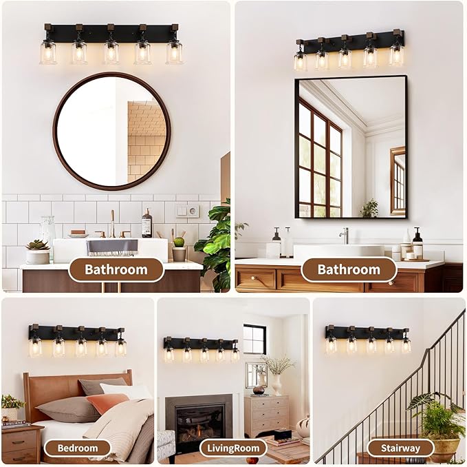 Farmhouse Bathroom Light Fixtures, 5 Light Black Vanity Light, Industrial Style with Clear Glass Shades, Wood Bathroom Lighting Fixtures Over Mirror for Bedroom, Living Room