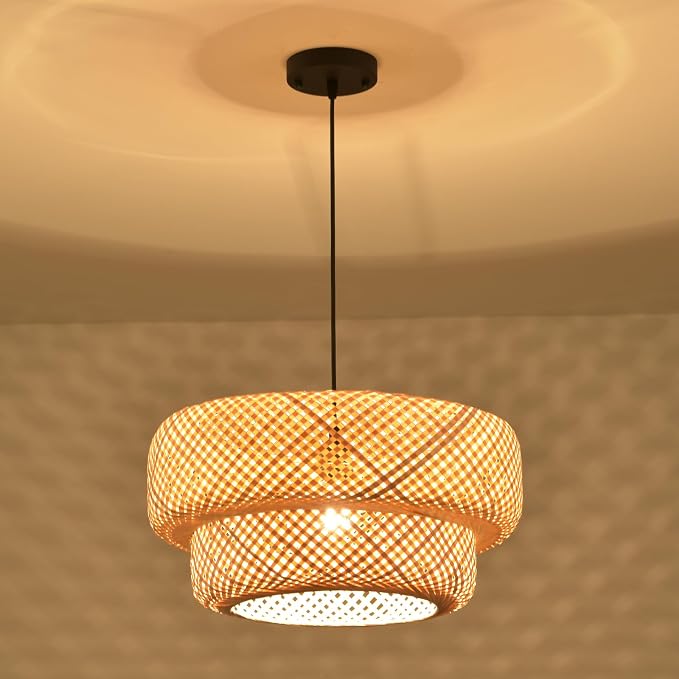 Bamboo Pendant Light,17.7" Rattan Chadelier | Hand-Woven Bamboo Rattan Chandelier Shade for Dining Living Bedroom Kitchen Farmhouse 1-Pack