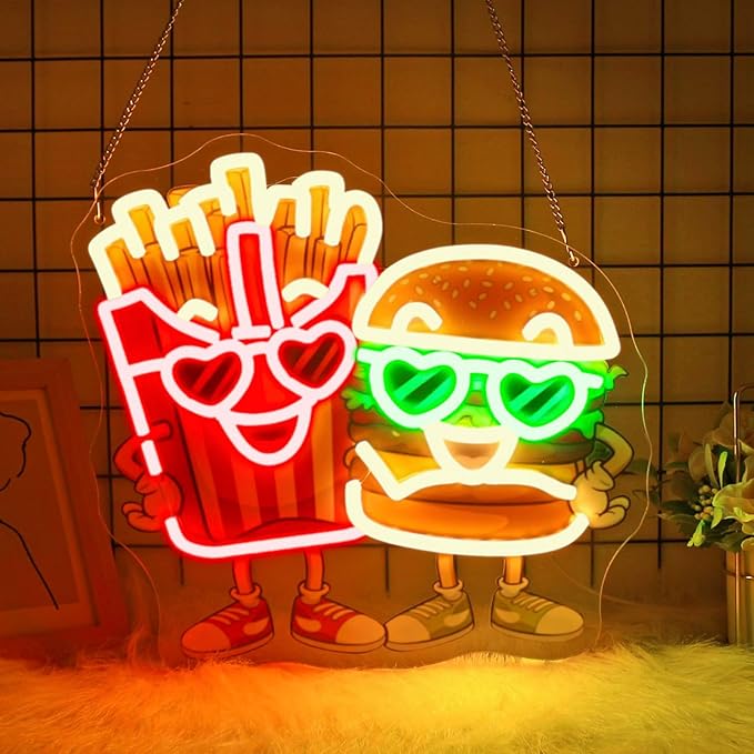 Burgers Neon sign - JGHTURIE Hamburger and French Fries Neon Signs for Wall Decor LED Light up UV Printed Preparatory Home Restaurant Club Decoration USB Powered