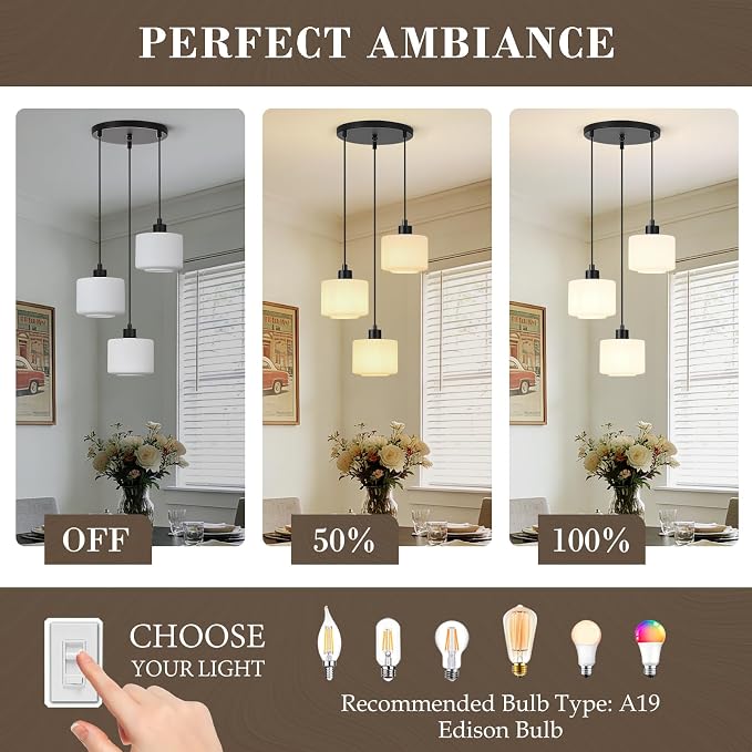 3-Light Pendant Lighting, Black Dining Room Chandelier Light Fixture Over Table with Milk Glass, Modern Cluster Hanging Lights for Kitchen Island Dining Room Sink, OS-YQ8153-3BKW