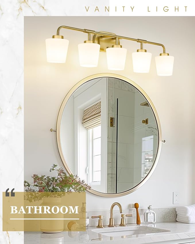 Bathroom Light Fixtures Over Mirror, 5-Light Brushed Gold Vanity Lighting Fixtures with Milk White Glass, 38inch Farmhouse Champagne Bronze Wall Sconces Lighting, AD-22004-5W-GD