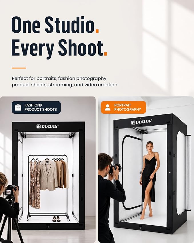 Photo Light Box 47×39×79 Inch for Clothing Photography, 400 LED Studio Shooting Tent with 8 Light Panels, CRI 96+, 12000lm Daylight, 3 Matte PP Backdrops for Bags, Models & Large Products
