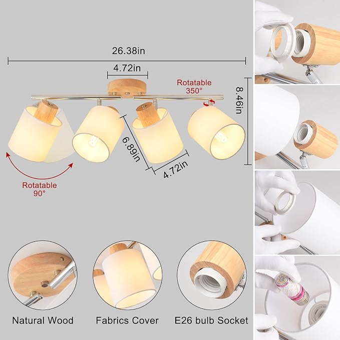 4-Light Track Lighting Kit Wooden Ceiling Spotlight Fabric Shades Rotatable | Rotatable Heads, E26 Socket, Modern LED Track Light Fixture Design, Ceiling & Wall Mount, Kitchen & Living Room Use, No Bulb