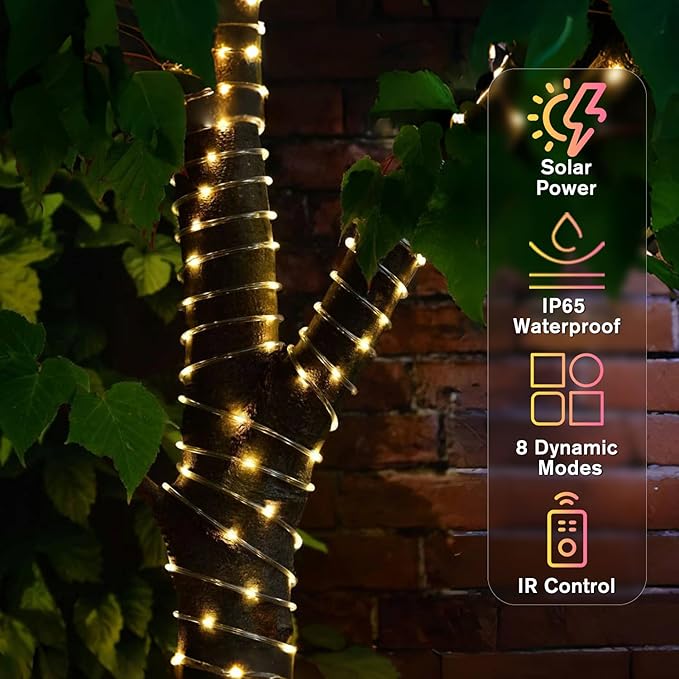 ANJAYLIA 66FT 200 LED Solar Rope Lights Outdoor Waterproof, Solar Powered Rope String Light with 8 Mode & Timer Remote, for Outdoor, Patio, Garden, Camping, Holiday & Christmas Décor Warm White
