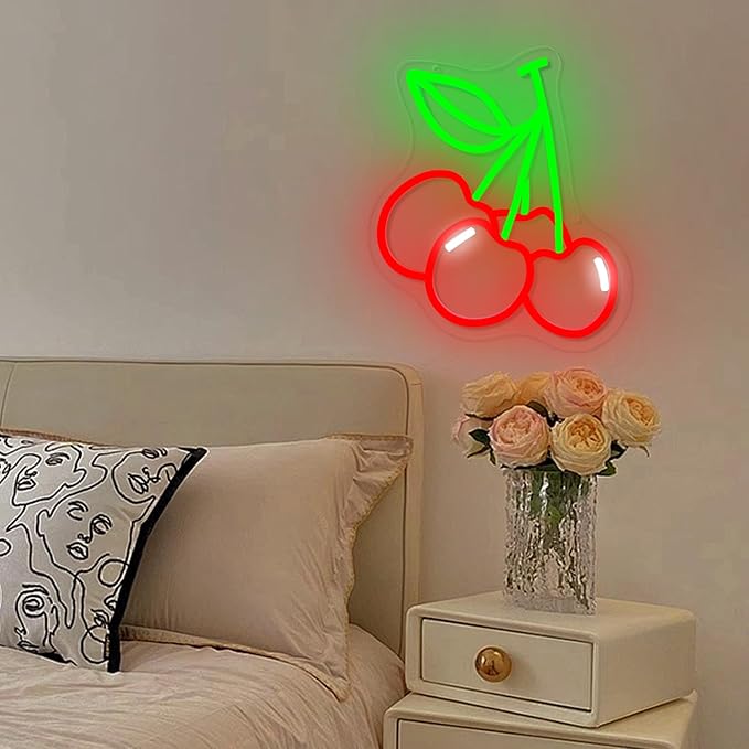 Cherry Neon Sign Cute Red Green Cherries LED Neon Light for Wall Decor Dimmable USB Fruit Light Up Sign for Boys Girls Room Restaurant Birthday Party bar Fruits Shop Decorations