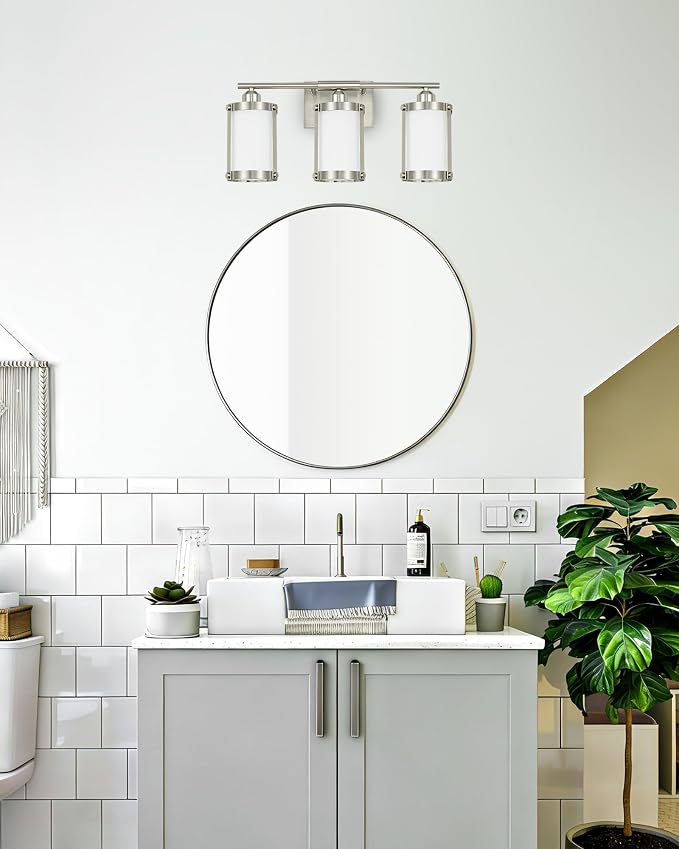 3-Light Brushed Nickel Bathroom Light Fixtures with Milk Frosted Glass, 21" Modern Bathroom Vanity Lighting Fixtures Over Mirror with Metal Cage, Wall Sconce Lights for Bath, E26, OS-3014BNW-3W