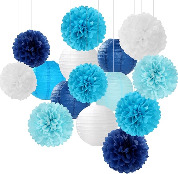 Blue-White Birthday Party-Decorations Paper-Flowers Lanterns - 15PCS Light Royal Tissue Pom Poms Streamers,Classroom Ocean Themed Baby Bridal Shower Bachelorette Wedding Hanging Supplies Decor Hugfond