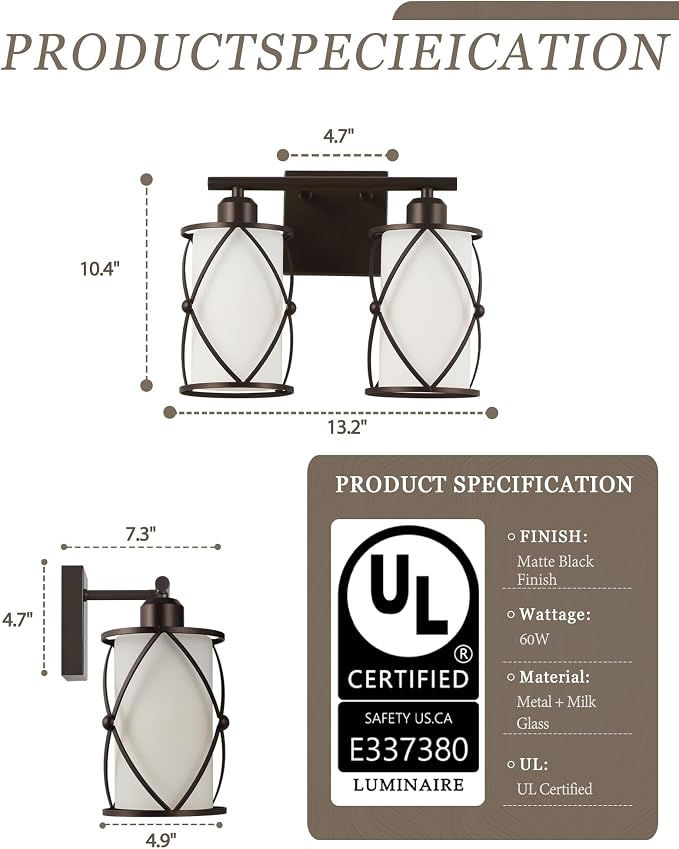 2-Light Oil Rubbed Bronze Bathroom Light Fixtures Over Mirror, 13.2" UL-Listed Modern Farmhouse Wall Sconce Lights with Milk White Frosted Glass and Metal Cage for Bath, E26, CH9176ORBW-2W
