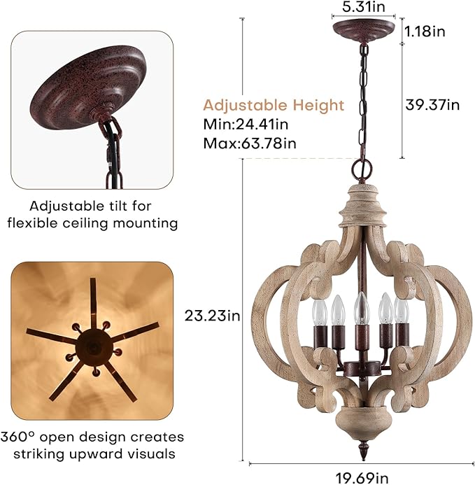 5-Light Farmhouse Chandelier, Rustic Wood and Metal Light Fixture with Distressed White Finish & Rust Accents, Adjustable Height for Dining Room, Kitchen Island, Entryway, Foyer, Bedroom