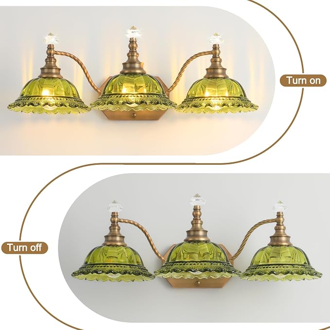 Vintage Bathroom Light Fixtures, 3 Light Brass Vanity Lights with Green Crystal Glass Flower Shade, Retro Wall Sconce for Bedroom, Living Room, Hallway