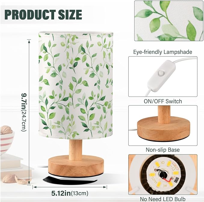 Watercolor Green Leaves and Vines Bedside Table Lamps with USB Port for Bedroom Lamp Table Lamp Small Nightstand Lamp Sturdy Linen Shade Wooden Decorative Lamps for Home Dorm Office Living Room
