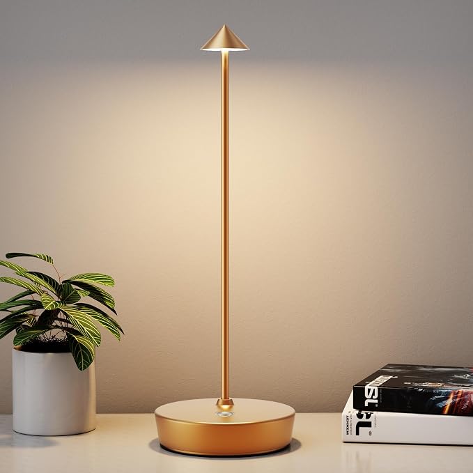 Rechargeable Cordless Table Lamp, Portable Powered LED Battery 6000mAh Metal USB Desk Lamp, 3 Levels Brightness Light for Restaurants Outdoor (Gold)