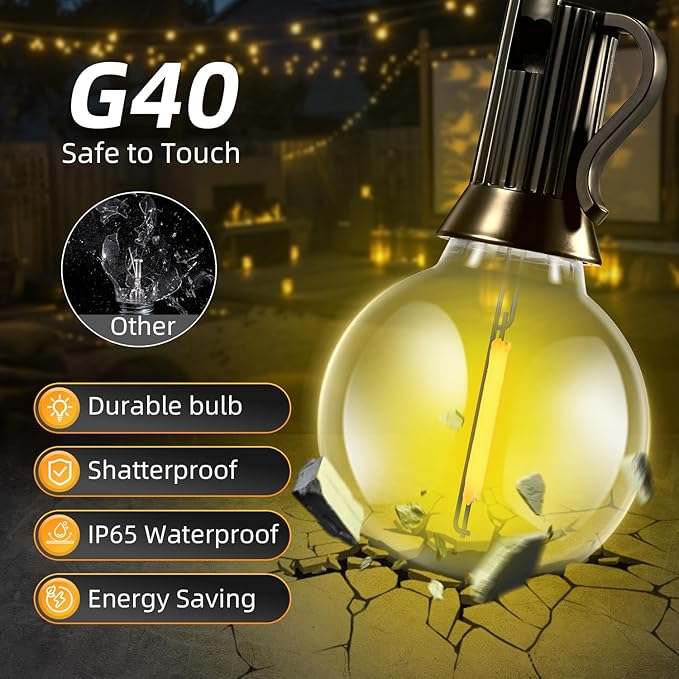 Solar Lights Outdoor Waterproof: G40 30M 100FT Shatterproof Bulbs Patio Lights - Solar Powered 3 Light Modes Solar Light - Camping Backyard Garden Deck Outside Yard