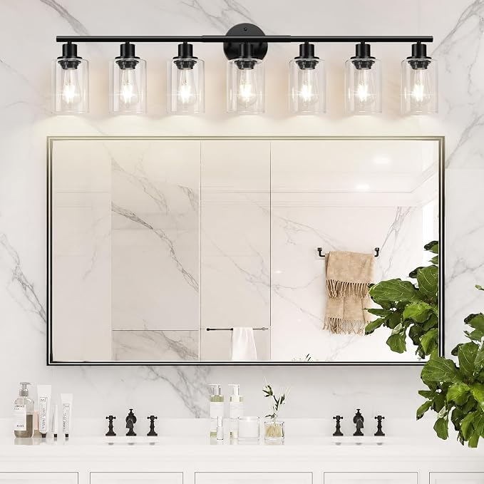 Zarbitta 7-Light Bathroom Light Fixtures, Black Modern Vanity Lights with Clear Glass Shade, Bathroom Wall Lamp, for Mirror, Kitchen, Living Room, Hallway, Cabinet