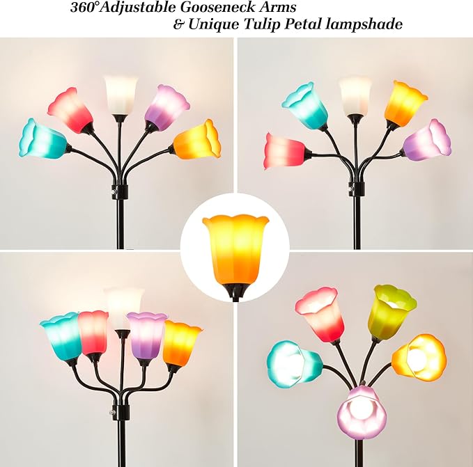 Medusa LED Floor Lamp, Multi Head Modern Tall Lamp with Adjustable Gooseneck Standing Lamps Led Tall Lamp for Living Room Bedroom Kids Room Office 6 Color Lampshades Bulb Not Included Black