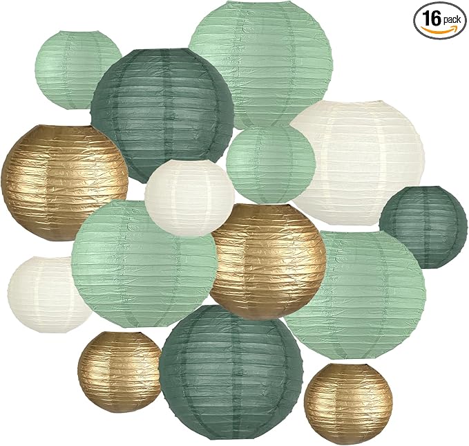 15-Pack Sage Green Gold Paper Lanterns Party Decorations | Assorted 6, 8 & 10-Inch Hanging Lanterns for Baby and Bridal Showers, Graduations, Weddings, Birthdays and Outdoor Receptions