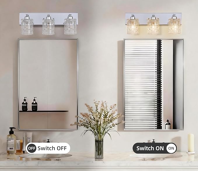 3-Light Crystal Vanity Light for Bathroom, Chrome Over Mirror Light Fixture, Modern Wall Mount for Living Room, Bedroom, Hallway