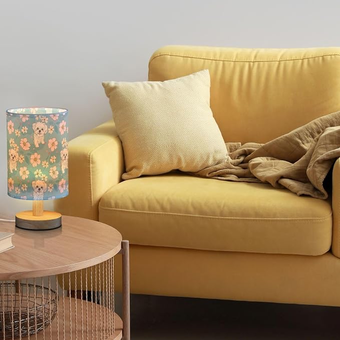 Fustylead Cute Cartoon Maltese Dogs and Daisy Floral Bedside Table Lamps with USB Port for Bedroom Lamp Accent Table Lamp Small Nightstand Lamp Linen Shade Decorative Lamps for Kids|Reading|Dome|Home