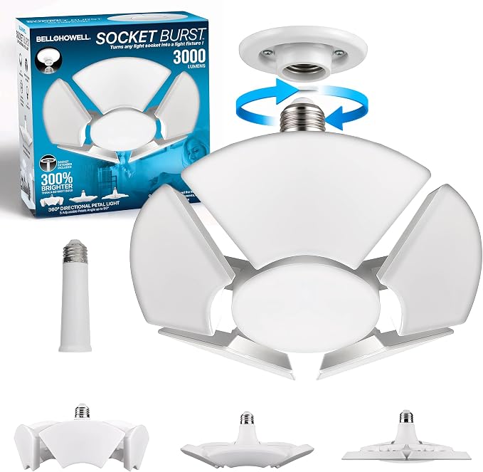Bell+Howell Socket Burst 6 Panel Screw in LED Garage Lights | 3500LM Ultra Bright LED Shop Lights for Garage, Shed, Attic, Wrokshop, Screw-in E26/E27, 6 Light Panels, Easy to Install