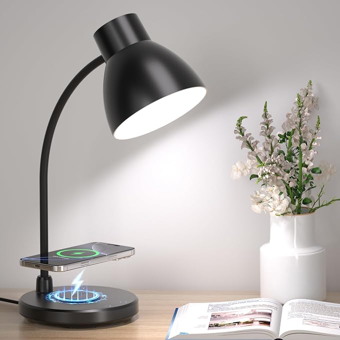 LED Desk Lamp for Home Office with Wireless Charger, Matte Black | 3 Color Modes Dimmable Eye-Caring Study Reading Dorm Desk Lamp, 360° Flexible Arm Table Lamp for College Dorm Room, 800 Lumen
