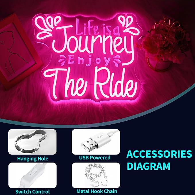 Neon Sign, Life Is a Journey Enjoy the Ride Neon Signs for Wall Decor Pink LED Light up Girls Room Party Preppy Decoration USB Powered