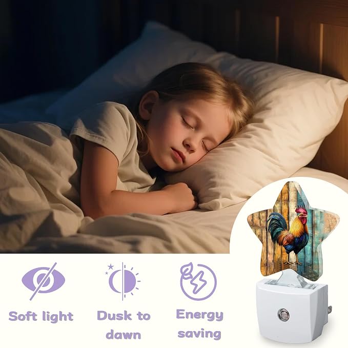 Chicken Rooster Nightlights Plug in Wall,Wooden Board Decorative Star Lamp with Automatic Lighting for Living Space,Gentle Glow for Kids Room,Hallway,Bathroom