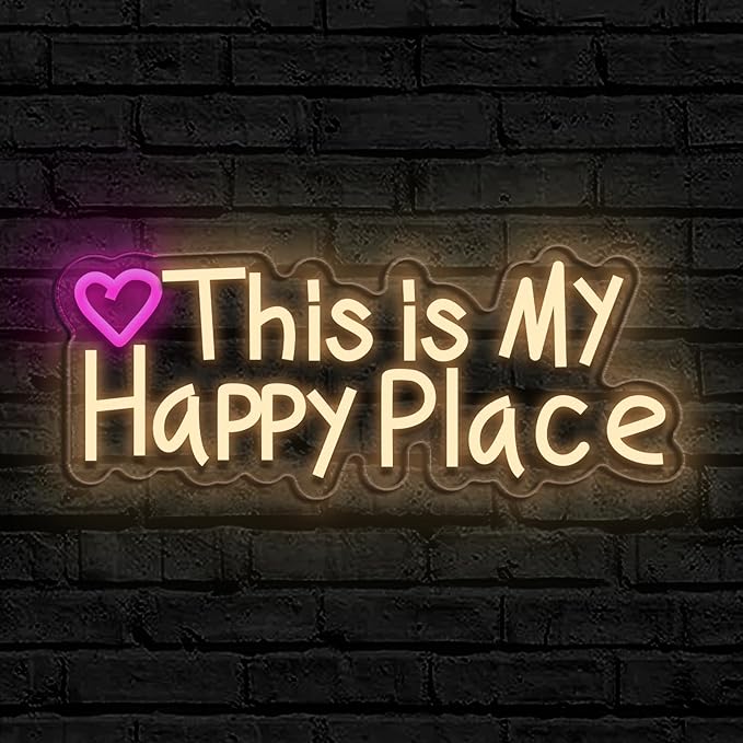 This is our happy place neon sign, suitable for wedding birthday girl party bar wall decoration, dimmable, USB powered, pink heart shape