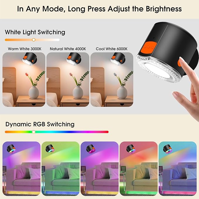 LED Wall Mounted Light, Battery Operated Wall Sconces with Bluetooth Speaker 3000mAh Rechargeable Wall Lights, Dimmable Bedside Reading Wall Lamp for Bedroom, White Light Dynamic RGB Music Sync Modes