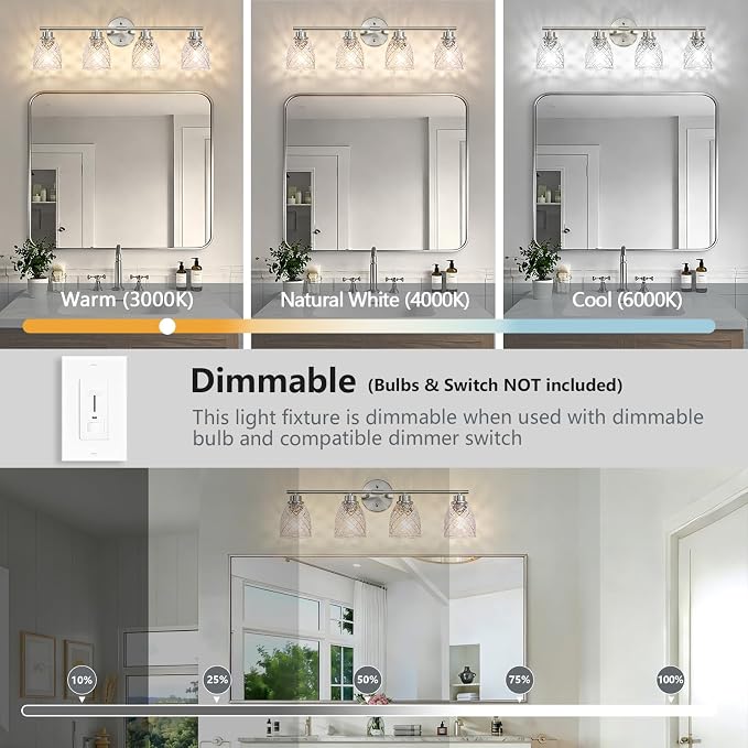 4-Light Vanity Light Over Mirror, Brushed Nickel Bathroom Light Fixtures | Modern Farmhouse Wall Sconces with Hammered Glass Lampshade for Kitchen Hallway Bedroom Living Room Cabinet Porch-27.5IN