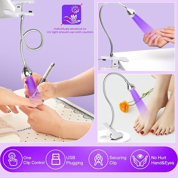 UV Nail Lamp - UV Light for Gel Nails, Flash Cure Lamp | LED Gooseneck Flash Cure Lamp for Nails, Manicure Dryer Black Light with Clamp, 365+395nm 5V 3W 4 Levels Dimming Silver