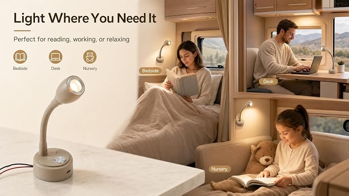 2 Pack 12V RV Reading Light, Flexible Gooseneck LED Wall Lamp with Touch Switch, 4000K Warm White Bedside Spotlight for Camper, Trailer & Boat Interior, PWM Dimmable (External PWM Dimmer Not Included)