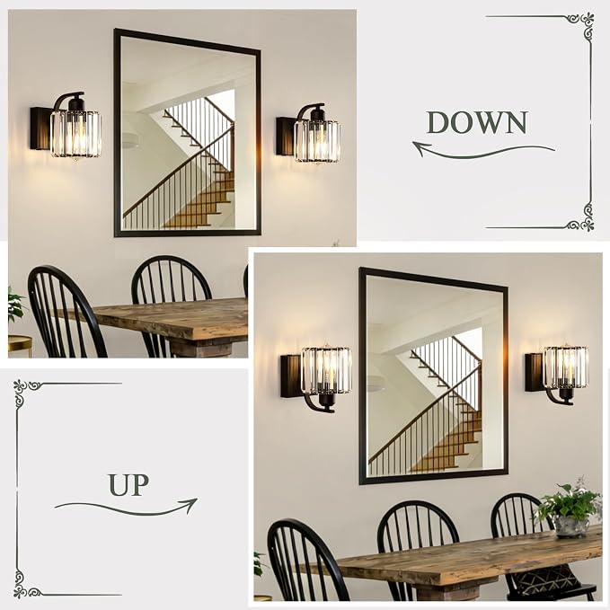 BELS 8 Inch Battery Operated Wall Sconces Set of 2, Farmhouse Black Wall Lights Fixture with Crystal Shade, 3 Colors Temperature, Remote Control, Dimmable, Wall Sconces for Mirror, Bathroom, Bedroom